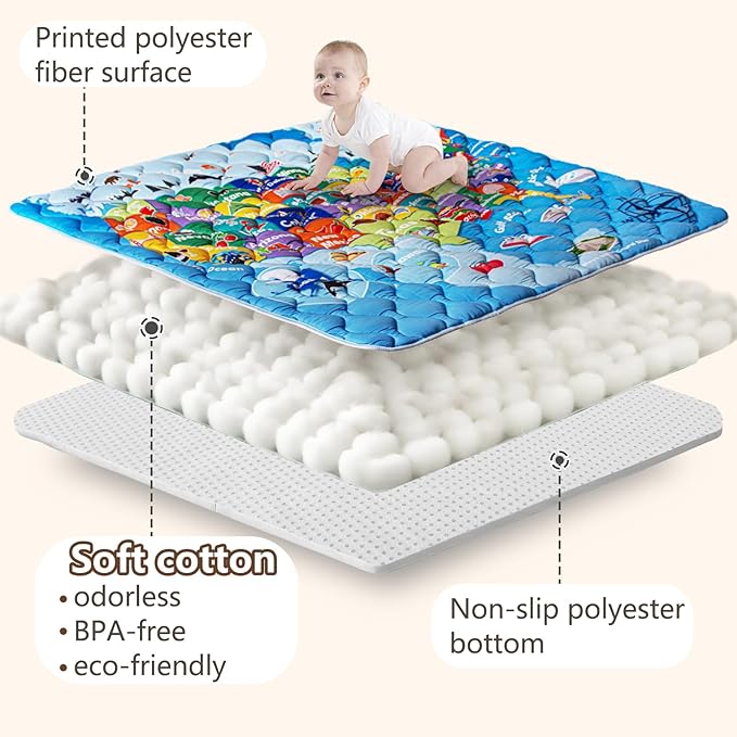 Baby Play Mat, 50x50 Playpen Mat with Super Soft Touch, Thick Activity Mat with Upgraded Anti-Slip Bottom, Machine Washable Crawling Mat for Floor & Picnic (Map)