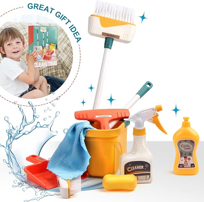 Coolplay 12pcs Mop and Cleaning Toys Set Kids Toddlers Pretend Play Broom Set, Detachable Broom Mop Dustpan for Kids Girl Toys