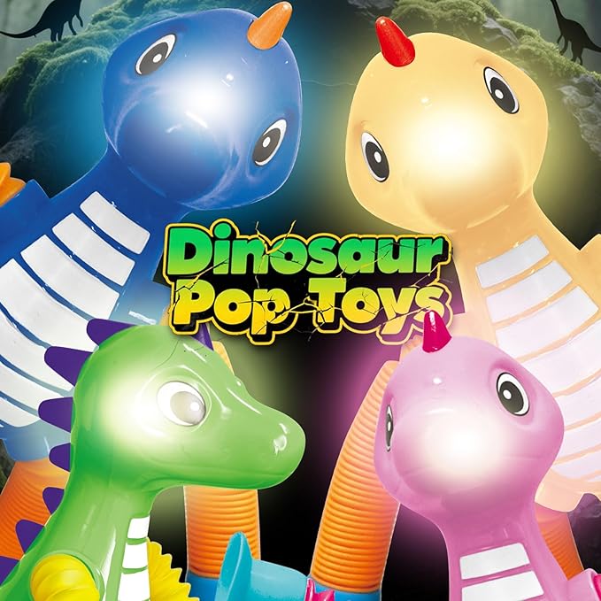 Dinosaur Pop Tubes Toys LED Light Up Mini Figures Fidget Sensory Toys Dino Telescopic Suction Cup Gift Sets, Toddler Autism Stress Relief Party Favors Prizes Stocking Stuffers for Kids 3+