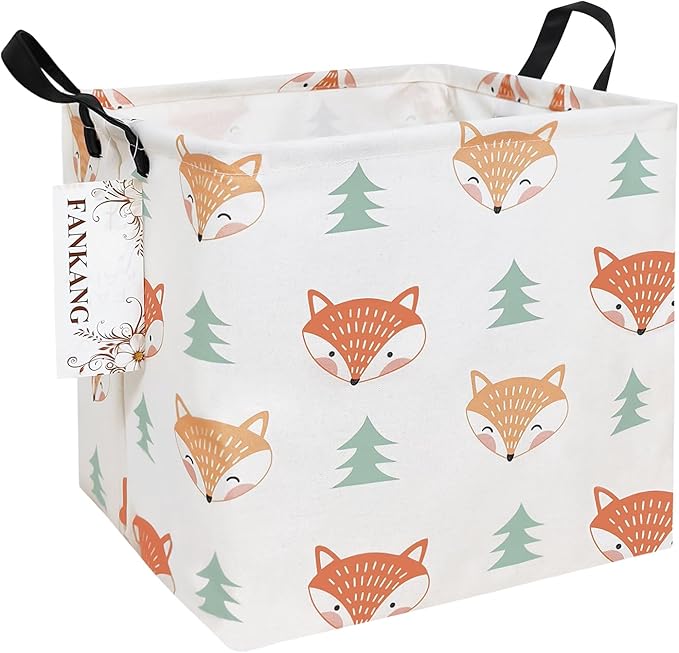 FANKANG Square Nursery Hamper Storage Bins Canvas Laundry Basket Foldable with Waterproof PE Coating Storage Baskets Gift Baskets for Children, Office, Bedroom, Clothes（Square-Fox）