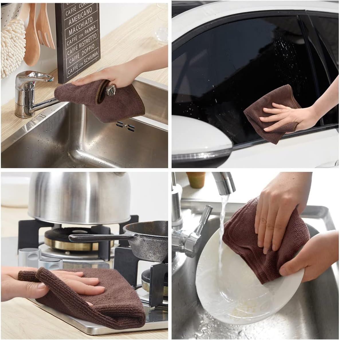 KinHwa Microfiber Dish Cloths for Washing Dishes Ultra Absorbent Dish Rags Fast Drying Kitchen Wash Clothes 12inch x 12inch 10 Pack Brown