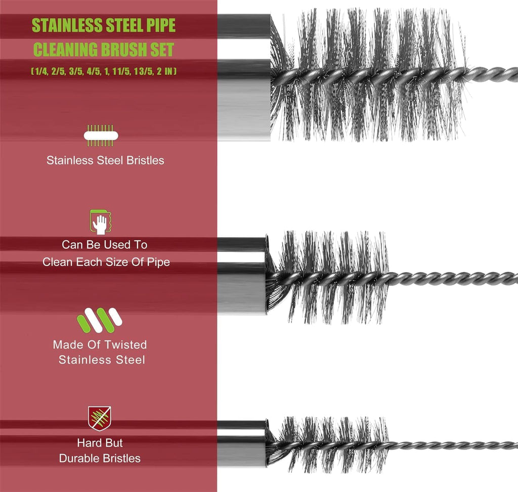 Pipe Cleaning Brush Set Stainless Steel Bristles, Stainless Steel Pipe Brush Steel Bottle Brush 9 Piece Variety Pack for Auto Parts, Bottles, Tubes, Etc.