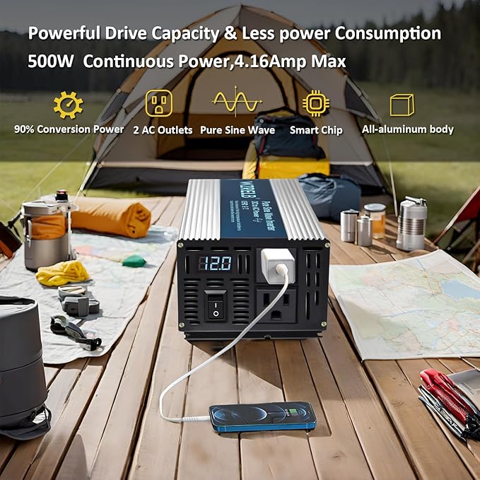 WZRELB 500W Pure Sine Wave Inverter 12V DC to 110V 120V AC Power Converter with LED Display, Off-Grid Portable Power Inverter with 2 AC Outlets for Home, RV, Truck, Camping