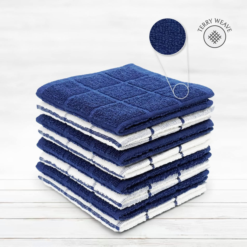 100% Cotton Terry Dish Cloth & Dish Towel, 6 Pack, Super Soft and Absorbent Kitchen Towels, Perfect for Kitchen Cleaning and Dish Washing (Navy (Solid and Check) 8 Pack)