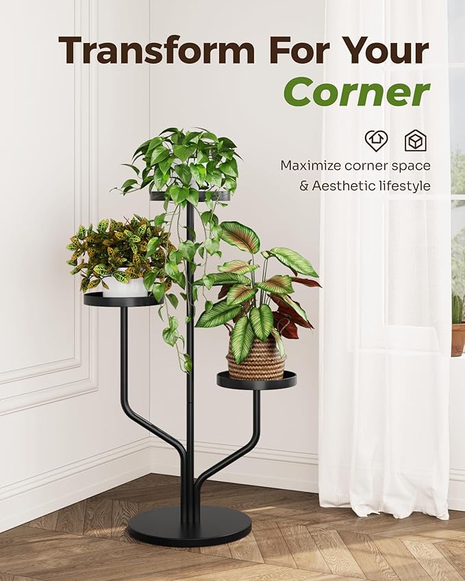 Bamworld Plant Stand Indoor Outdoor 3 Tier Metal Plant Shelf for Multiple Plants Pots Tier Tall Flower Holder for Living Room,Bedroom Decor,Balcony,Black