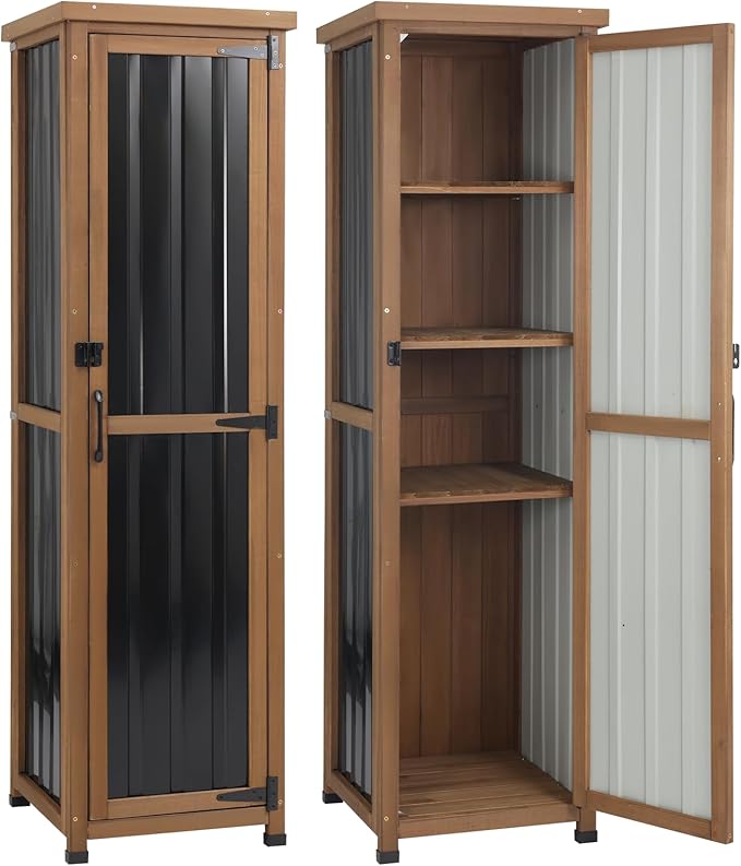 62" H Tall Narrow Outdoor Storage Cabinet with Metal Top, Outdoor Shed Storage Unit Waterproof with Adjustable Shelves for Garden, Patio, Living Room, or Entryway Storage, Black