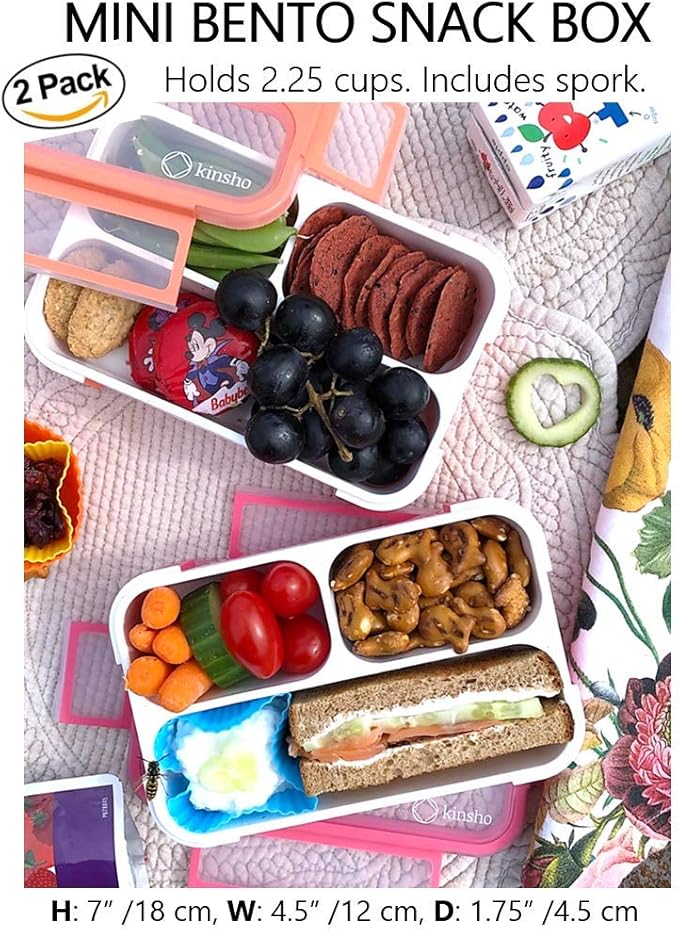 kinsho MINI Bento Box Snack Containers for Kids Small Lunch-Boxes for Girls Boys | Leakproof Toddler Containers for Pre-School Baby Day-Care or Adults | BPA Free 3 Compartments | Pink Coral - Orange