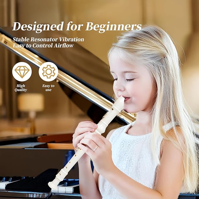 Soprano Recorder for Kids Beginners, German Fingering, C Key, 3 Piece with Cleaning Rod, Bag, Fingering Chart (White)…