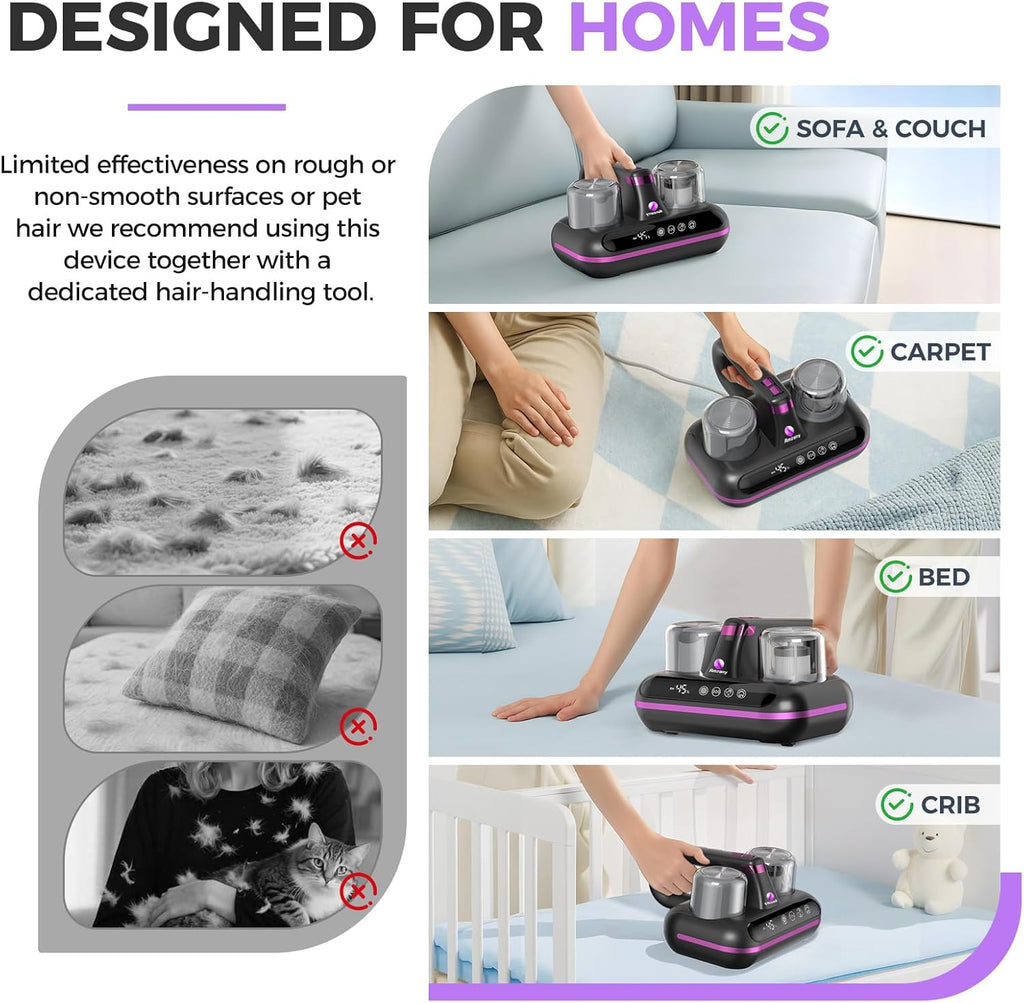 Mattress Vacuum Cleaner - 5-in-1 Cordless Bed Vacuum Cleaner, Powered by Ultrasonic Technology, 16Kpa Strong Suction,Low Noise,Suitable for Dust, Pet Hair, Etc - Grey