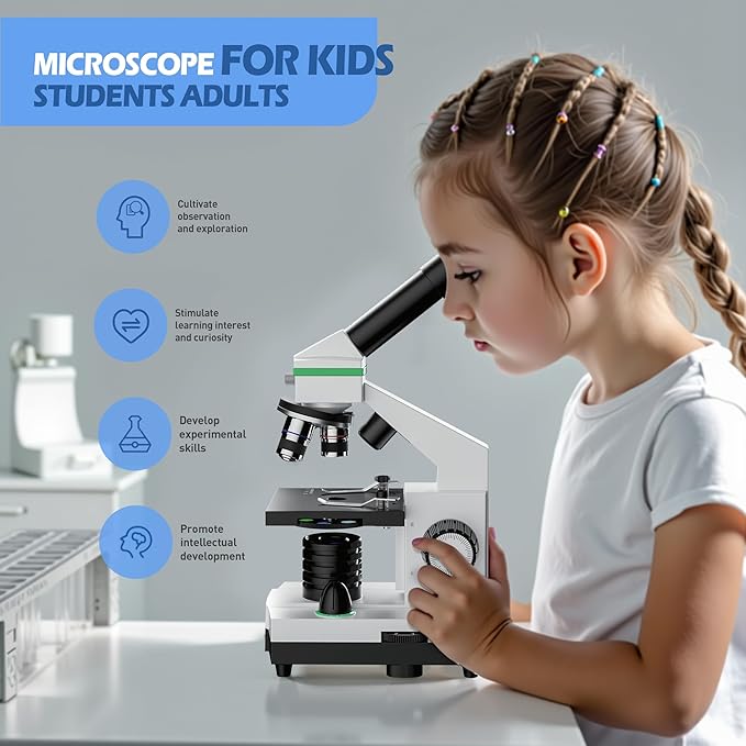 Microscope for Adults Professional, Compound Microscope for Kids 8-12, 100X-3000X High-Power Biological Microscope for Students, School Lab & Home Education, with Slides Set