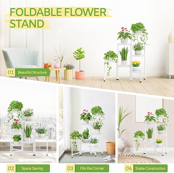 iDavosic.ly Plant Stand Indoor Outdoor, 6 Tier Corner Metal Flower Display Holder Shelf, Folding Tall Orchid Rack for Patio Balcony Porch Garden Living Room House, Wrought Iron - White