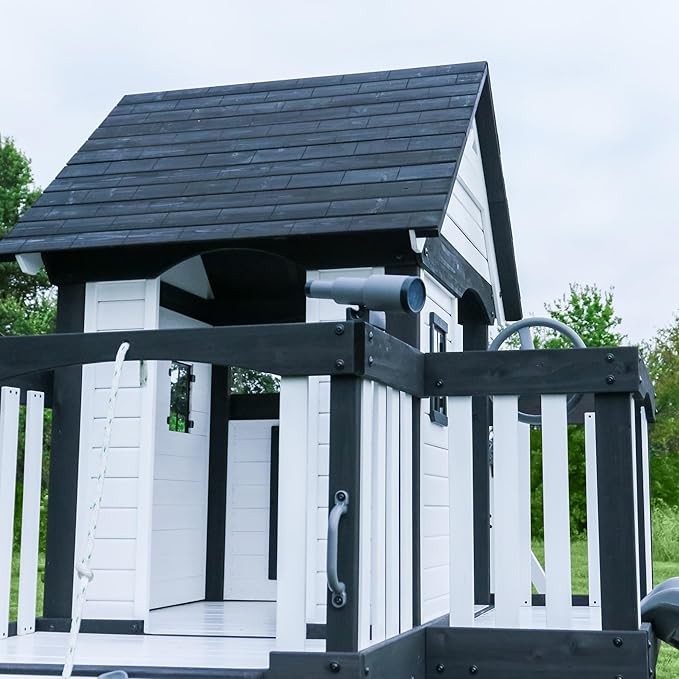 Backyard Discovery Canyon Creek White Cedar Wood Swing Set with Wave Slide, Clubhouse, Play Kitchen, Picnic Area, Belt Swings, Web Swing, Rock Wall, Balconies, Playhouse, Step Ladder, Outdoor Playset