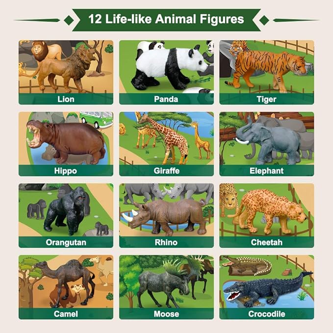 Mini Tudou 12 Pcs Safari Animals Figures Toys w/ 57x38.6’’ Large Activity Play Mat, Realistic Jumbo Jungle Wild Zoo Animals Figurines Playset w/Elephant, Giraffe, Lion for Kids Boys