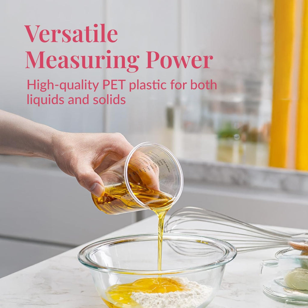 Prestee 50 Disposable Measuring Cups 8 oz - Plastic Paint Measuring Cups and Disposable Mixing Cups for Epoxy Resin - Versatile, Clear Measurement for Wet and Dry Ingredients for Baking and Crafting
