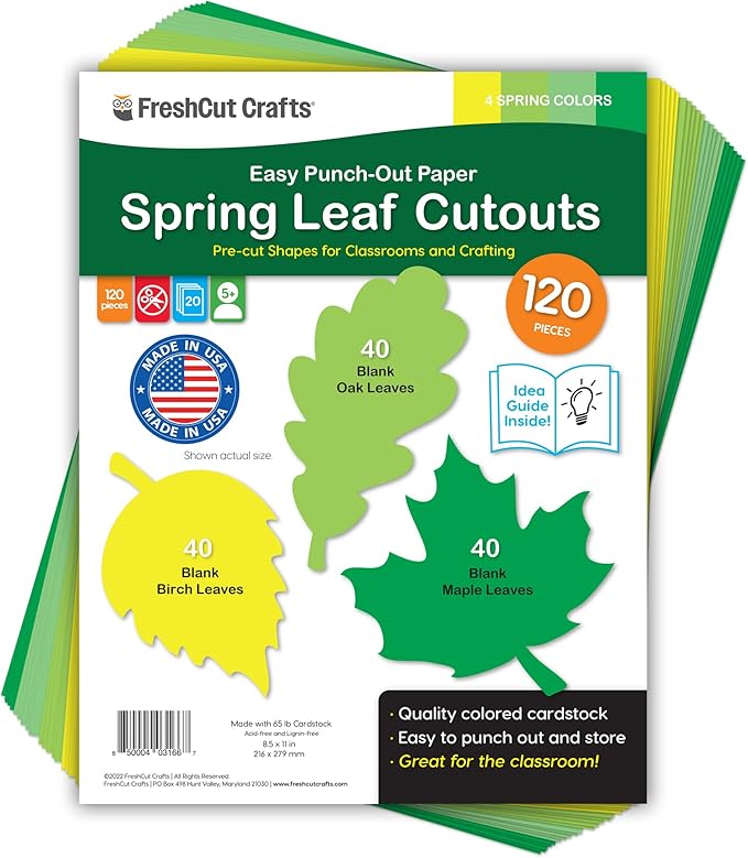 120 Pieces Spring Leaf Paper Cutouts with IDEA Guide, 2-Sided US Made Card Stock Punch Out Maple, Oak, and Birch Leaves for Bulletin Boards, Classroom Decor, Spring Crafts, DIY Scrapbook, and Posters