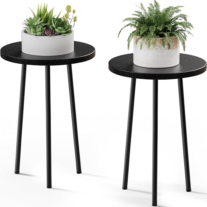 Plant Stand Indoor 2 Pack: Corner Wood 20 Inch Plant Stand Mid Century Modern Decor - Small Round Plant Table for Indoor Plants - Outdoor Plant Holder for Patio Living Room Bathroom Office (Black)