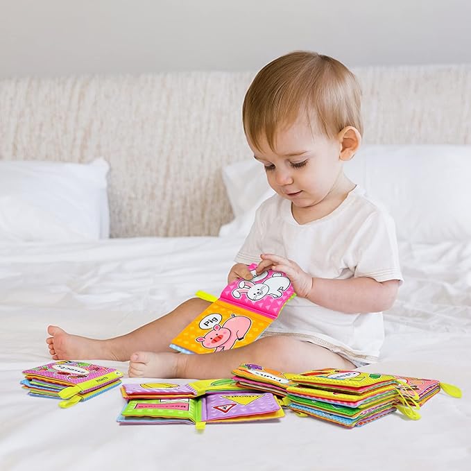 OKOOKO 12PCS Soft Baby Books, Soft Cloth Books, Bath Toys, Crinkle Washable Non-Toxic Early Education Preschool Learning Toy for Newborns Babies Infants Toddlers Kids