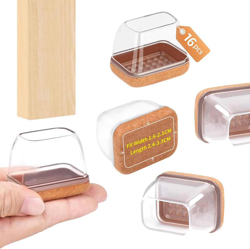 Ezprotekt 16 Pcs Rectangle Clear Felt Chair Leg Floor Protectors for Hardwood Floors, Rectangle Silicone Felt Furniture Pads Caps Covers for Chair Table Desk (Fit W :0.6-0.8", L: 0.9-1.3")