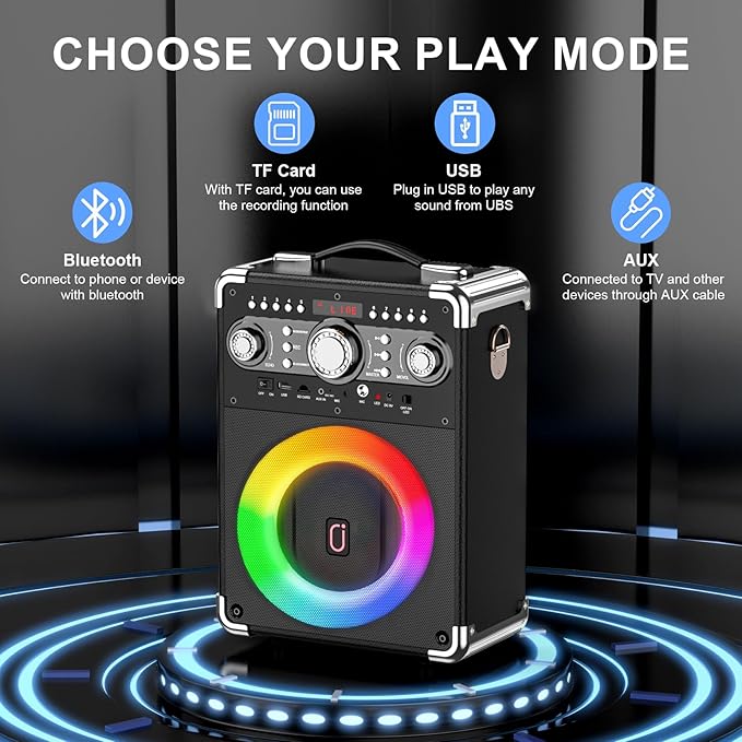 Karaoke Machine with 2 Wireless Microphones for Adults, Portable Bluetooth Party Speaker with Echo Adjustment, Singing Machine Support TWS/USB/TF Card/Guitar/TV Connected for Outdoor/Events etc