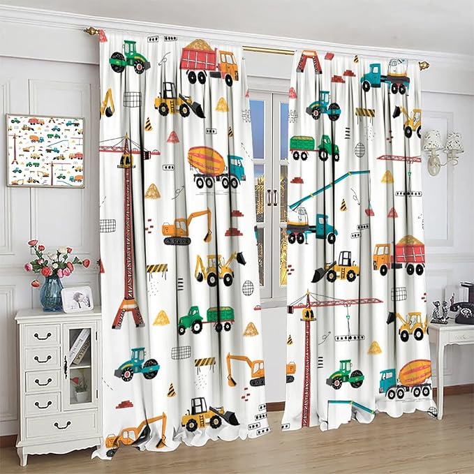 Construction Window Curtains, Kids Cartoon Construction Machines Building Hand Drawn Doodle Rod Pocket Decorative Windows Curtain for Children Teens Room Decor 42x45in (30% Blackout)
