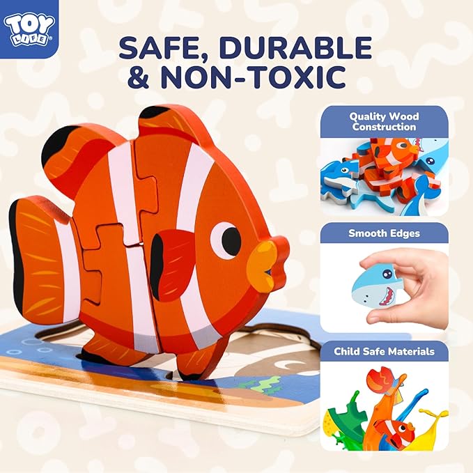 TOY Life Wooden Puzzles for Toddlers 2-4, Sea Animals Puzzles for Toddlers 1-3, Wood Puzzles Educational Montessori Toys Gifts for 1 2 3 Year Old, Baby Kids Learning Toy