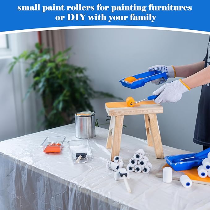 Mister Rui Paint Roller Kit, 25 Pack, 2 Inch Microfiber Paint Rollers 10 mm Nap, Small Paint Roller Kit, Mini Paint Roller, Paint Tray with Liners, Sponge Paint Brush, Mini Rollers for Painting