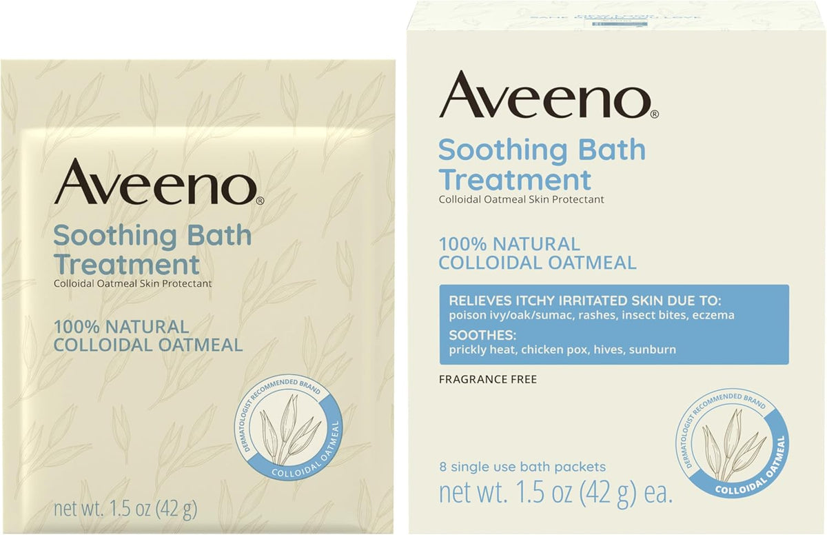 Aveeno Fragrance-Free Soothing Bath Treatment & Soak for Soothing Relief, 100% Natural Colloidal Oatmeal, Relieves Itchy, Irritated Skin Due to Eczema, 8 Single-Use Bath Packets