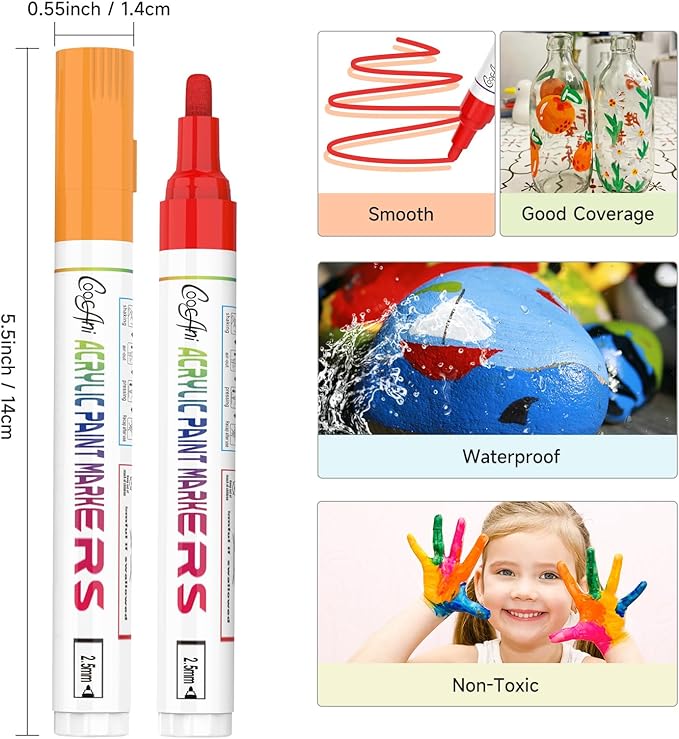 16 Colors Permanent Markers, Acrylic Paint Pens for Rock Painting, Canvas, Wood, Glass, Mugs, Fabric, Ceramic,Lettering,Card Making DIY Crafts (2.5MM Medium Tip)