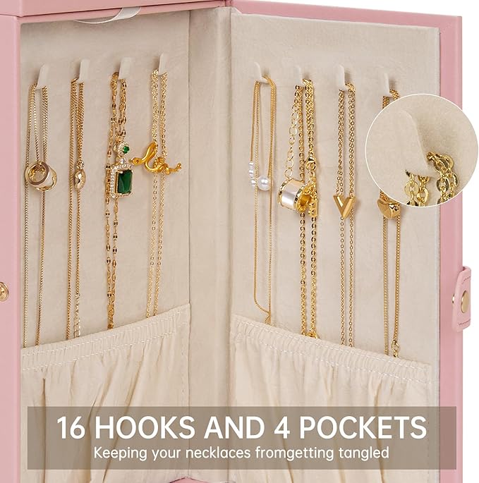 AKOZLIN 6-Tier Jewelry Box Organizer Functional 5 Drawers Leather Jewelry Storage Case for Women Girls Ring Necklace Earring Bracelet Holder Organizer with Mirror Pink