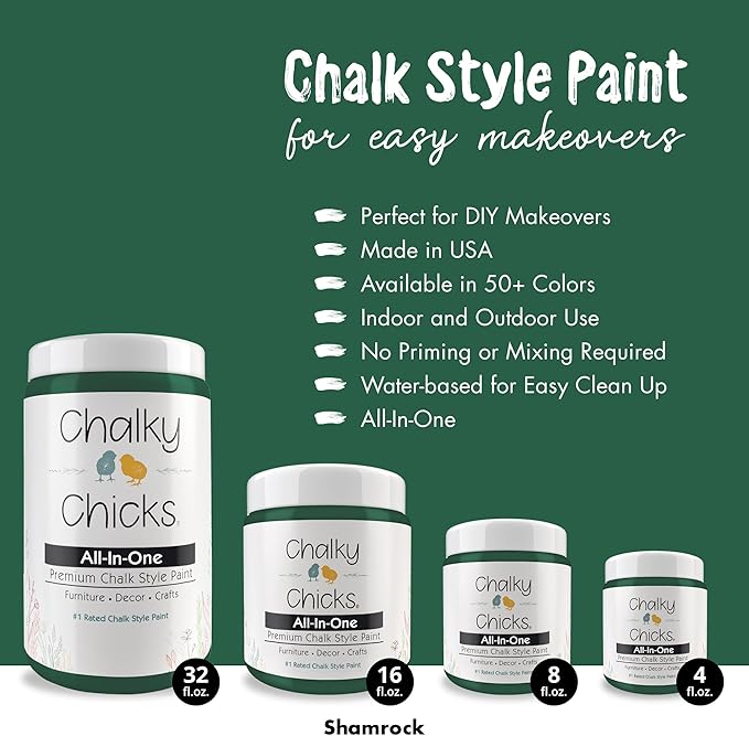 Chalky Chicks All-in-One Chalk Paint for Furniture or Cabinet - 8 Fl Oz - Matte Finish Shamrock (Dark Green) for Metal, Wood Furniture Paint - No Sanding All-in-One for Home Decor & Crafts, USA Made