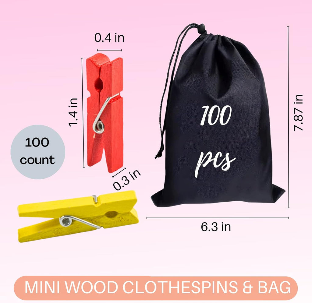 Clothespins, Small Clothes Pins for Photos, 1.4'' 100 PCS Natural Birchwood Mini Clothes Pins, Strong Springs Colorful Clothespins with Storage Bag, Mini Clothespins for Photos, Crafts, Pictures, Art