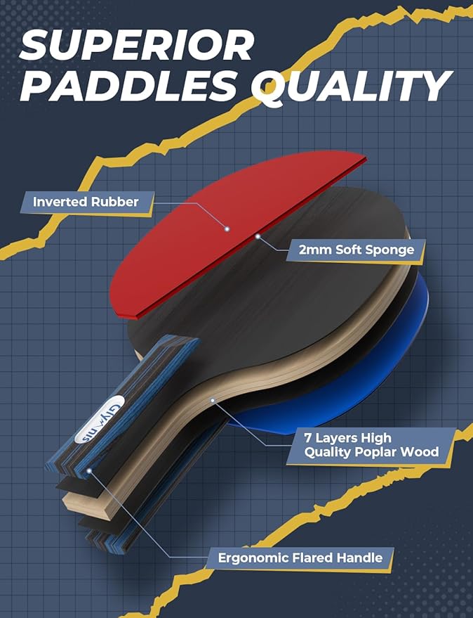 Glymnis Ping Pong Paddles Set Table Tennis Rackets with Balls, Storage Case for Indoor Outdoor Table Tennis Paddle Game Accessories