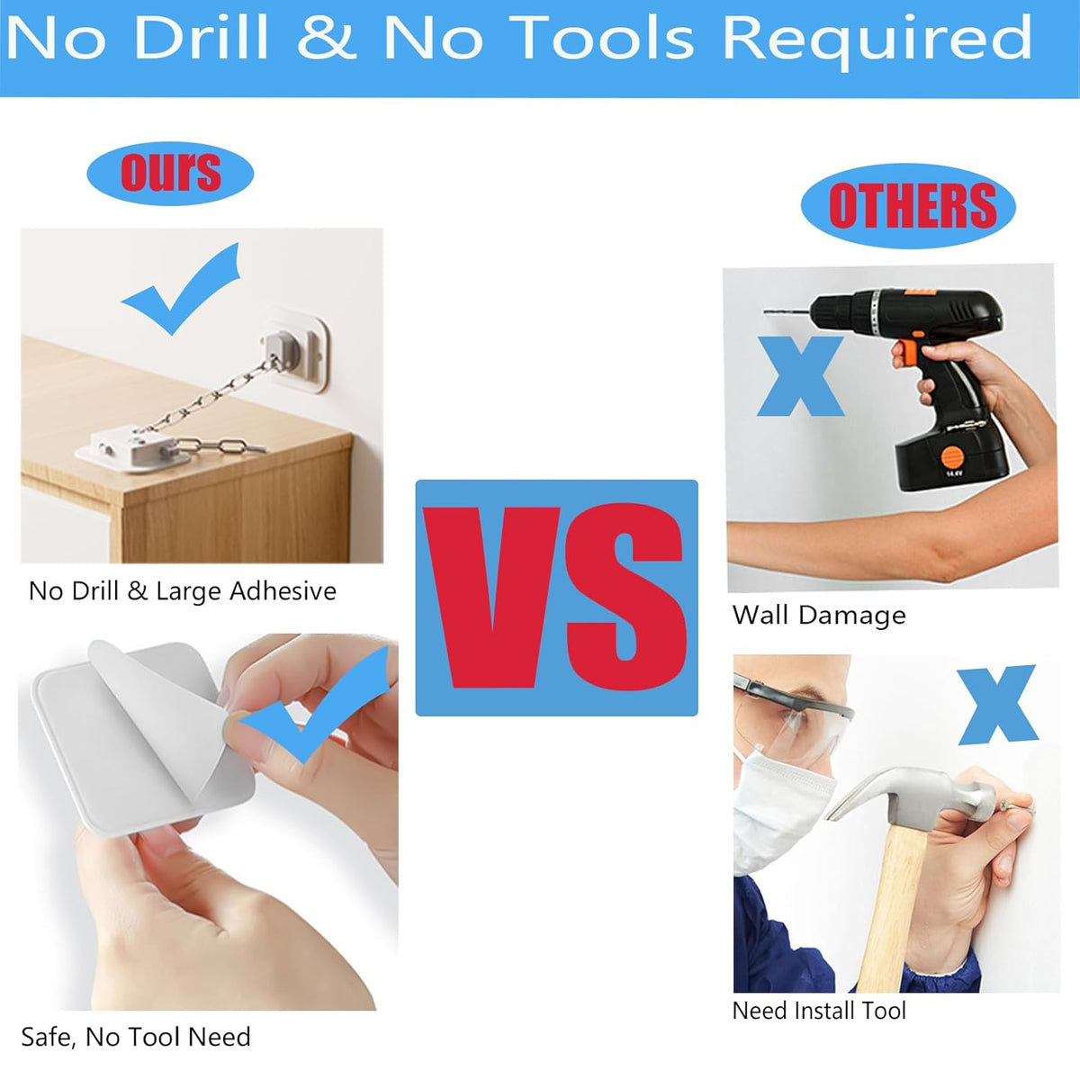 YEYA Anti-Tip No Drill Furniture Anchor with 3M Adhesive 10" Adjustable Straps, Baby Proofing Wall Anchors for Child Safety, Playroom Essentials 2P