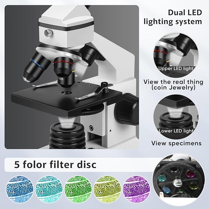 Microscope for Adults Professional:Compound Microscope for Kids 8-12,100X-2000X Kids Microscope Kit with Prepared Microscope Slides and Covers,Plant Stereo Microscopes for Kids Homeschool Lab