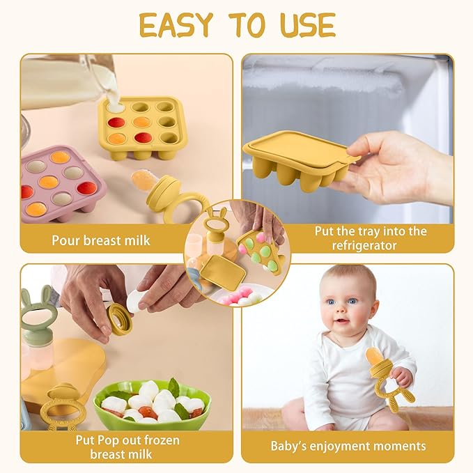 WAJIAYON Baby Breastmilk Popsicle Molds & Baby Fruit Feeder (2 Pack), Baby Food Freezer Tray Storage Containers, Silicone Teething Pacifier Feeder and Teether for Babies,Baby Feeder - Yellow