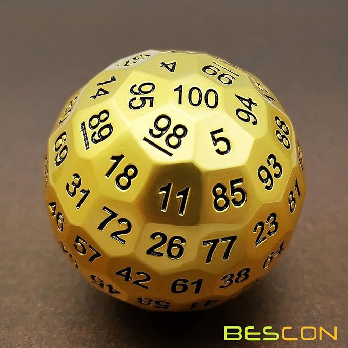 Bescon Solid Metal 100 Sided Dice, Game Dice D100, Giant Polyhedral Metal 100 Sides Dice 50MM in Diameter (1.97in), Matt Golden