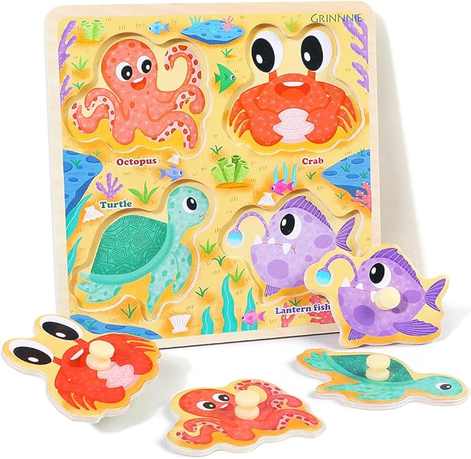 GRINNNIE Wooden Toddler Puzzles, 1 2 3 Years Old Learning Montessori Peg Puzzle Toy Set for Toddlers, 4 Pcs Educational Portable Size Travel Knob Puzzle Toys, Gift for 1-3 Boy Girl Birthday Christmas