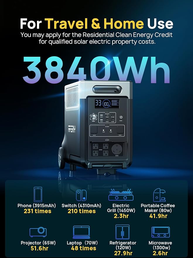 AFERIY Solar Generator 3840Wh Portable Power Station with 2X400W Solar Panel,AC Output with 120V,3600W LEP Battery,Solar Generator for Home Use,Outdoor Camping,Power Outage,Camping,RV