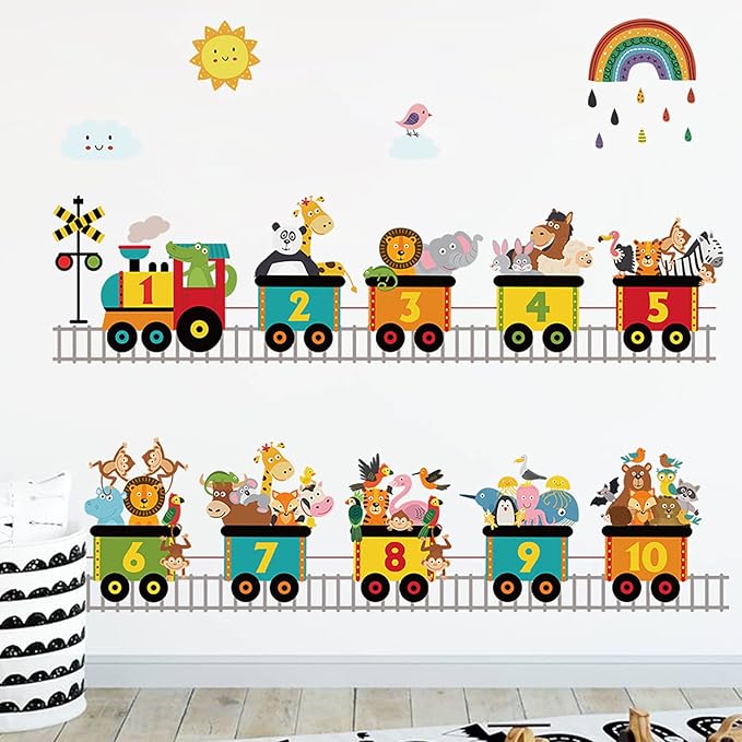 Alphabet Train Color Learning Educational Wall Decals Peel and Stick Cute Animal Wall Stickers for Educational Classroom Kids Playroom Bedroom Decorations (Train numbers02)