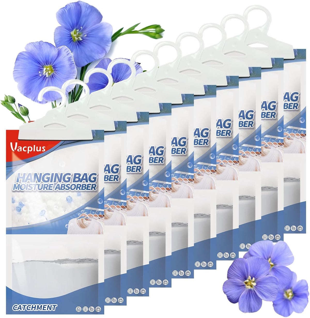 Vacplus Moisture Absorbers, Hanging Closet Dehumidifier Bags, Humidity Packs, Desiccant, Closet Dehumidifiers with Linen Fragrance, 10 Pack, 9.8 OZ