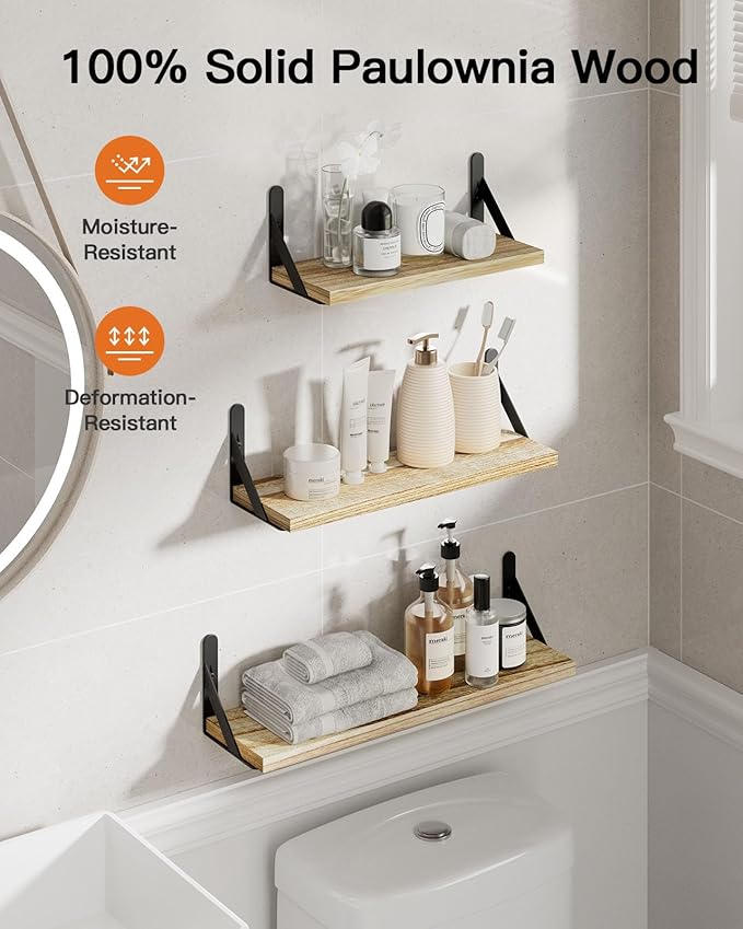 AMADA HOMEFURNISHING Wall Shelves Set of 6, Rustic Farmhouse Style, Wood Floating Shelves for Wall Decor, Bathroom & Bedroom Storage, Living Room Book Shelves, 6pcs