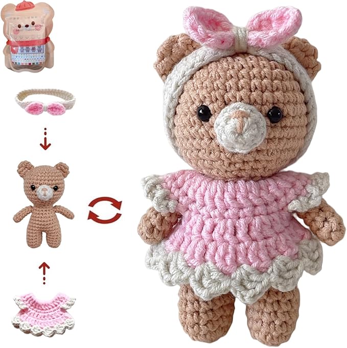 LoopMap Crochet Kit for Beginners - DIY Amigurumi Bear with Removable Dress & Accessories - Step-by-Step Video Tutorials, Extra Yarn, Crochet Tools, Handmade Gift for Kids & Adults (Bear K01, Pink)