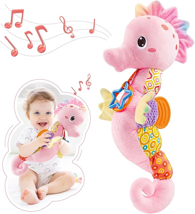 Baby Toys 0 to 12 Months, Musical Stuffed Animal Activity Soft Toys with Multi-Sensory Crinkle, Rattle and Textures,Infant Tummy Time Toys for Newborn Girls, Seahorse, Pink