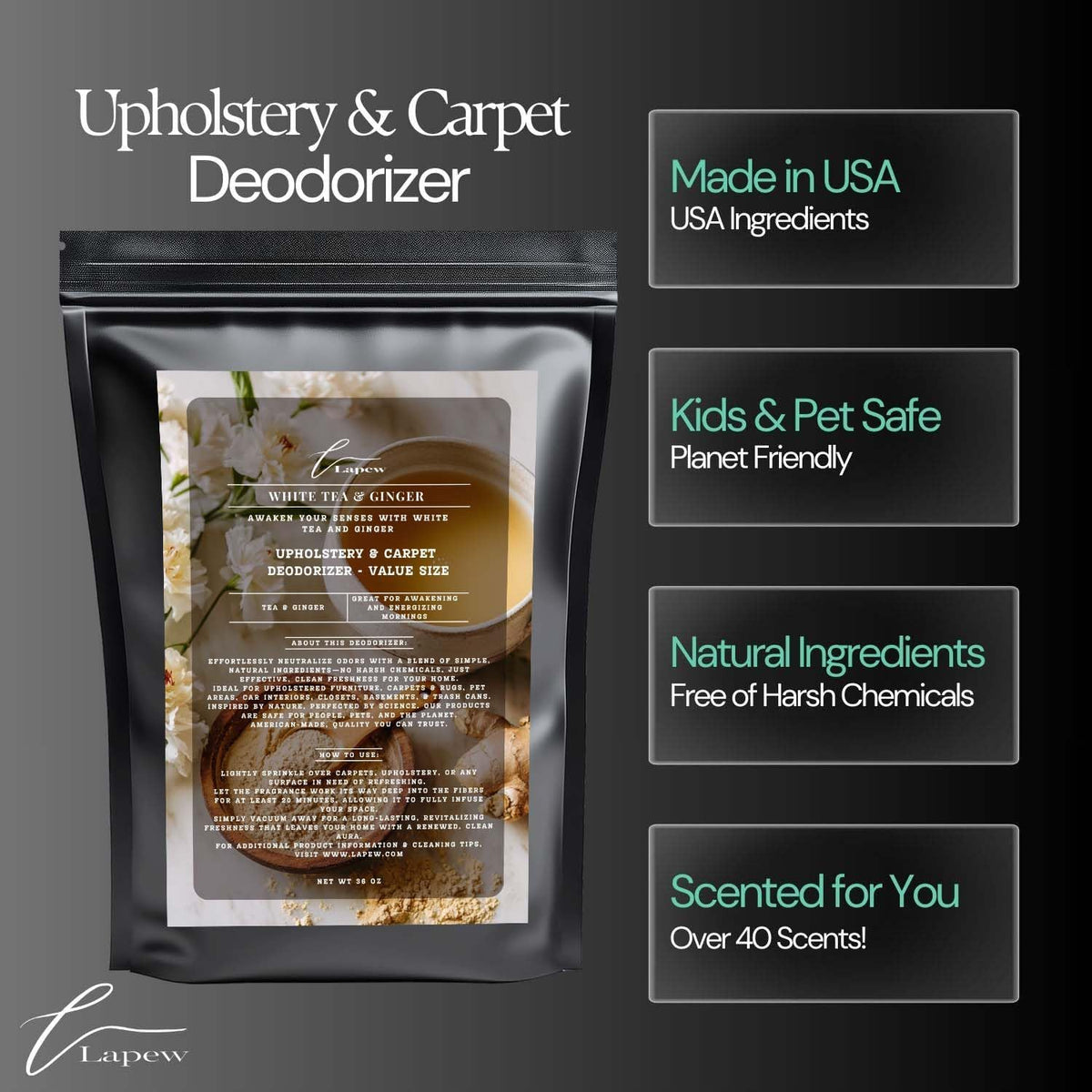 White Tea & Ginger Carpet Freshener Powder Refill 36 oz | Powerful Odor Eliminator for Home | Upholstery Deodorizer | Carpet Deodorizer | Pet Urine | Cat Litter Box