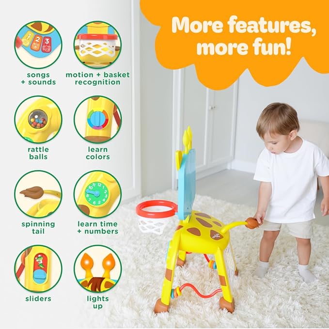 Move2Play, Giraffe Basketball Hoop & Soccer Goal Activity Center | 30+ Sounds & Songs + 5 Lights | 1 2 3 Year Old Birthday Gift for Boys and Girls | Toy for Baby & Toddlers (Yellow)