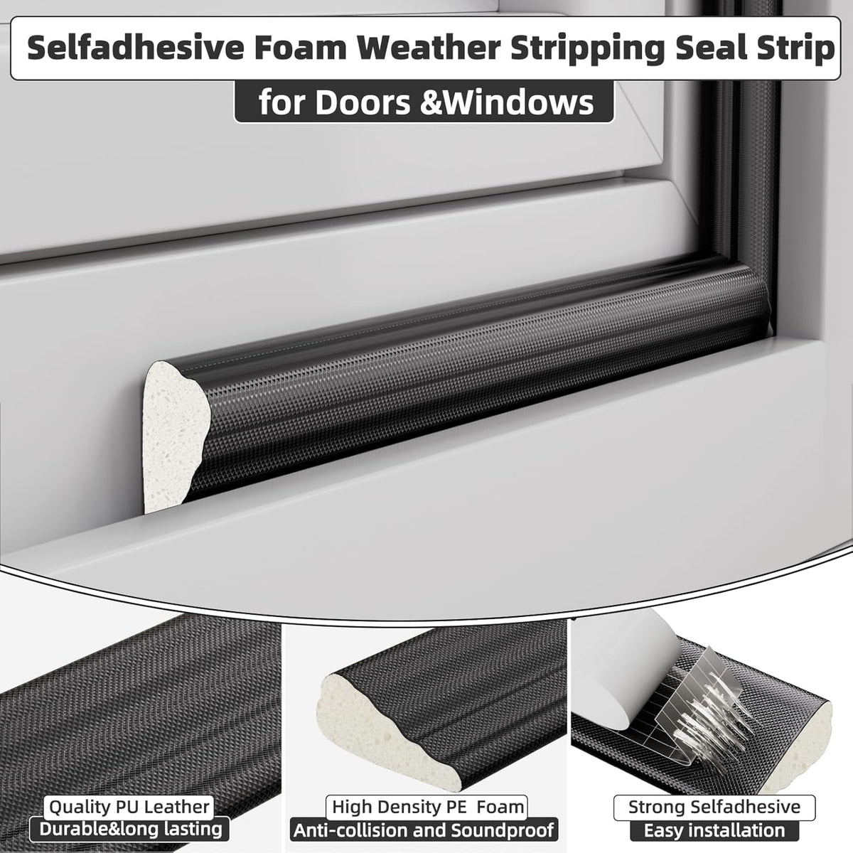 9.8 Ft Weather Stripping Seal Strip for Doors/Windows,Soundproofing Window Insulation Draft Stopper for Winter, Selfadhesive Foam Weather Strip for Door Frame,Door Gap Filler Noise Blocker(Black)