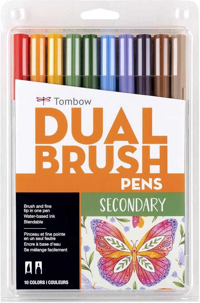 Tombow 56168 Dual Brush Pen Art Markers, Secondary, 10-Pack. Blendable, Brush and Fine Tip Markers