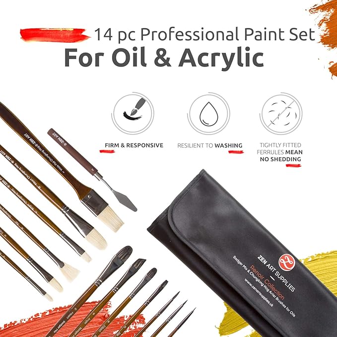 ZenART Oil & Acrylic Paint Brushes – 14pc Professional Set of Chungking Hog, & Badger/Japanese Synthetic Bristles incl Filbert, Flat, Rigger & more – Travel Pouch, Long Birchwood Handles, No Shedding