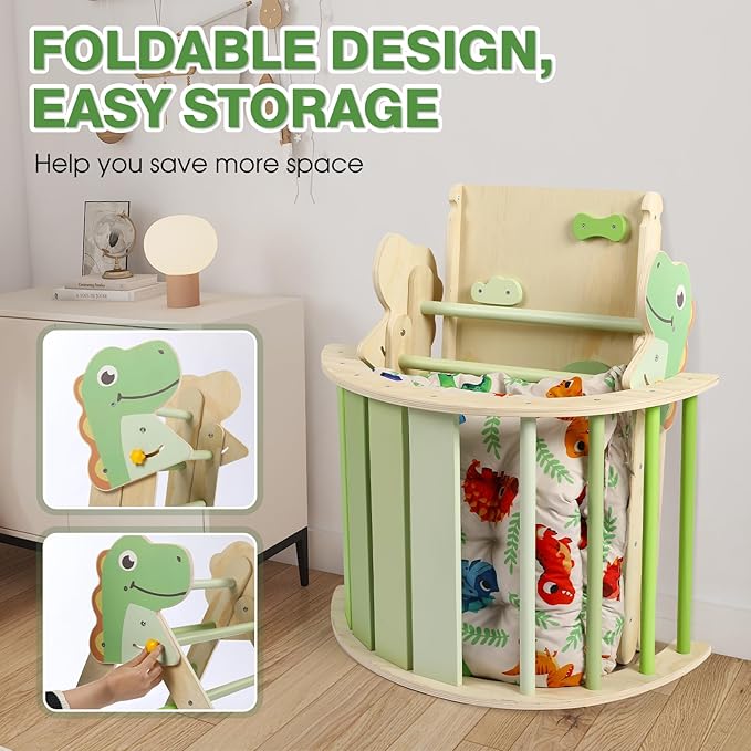 Pikler Triangle Set with Cushion, 7 in 1 Toddler Climbing Toys Indoor, Montessori Foldable Set, Wooden Climbing Toys for Toddlers Inside with Ramp, Arch and Ladder (Dinosaur)