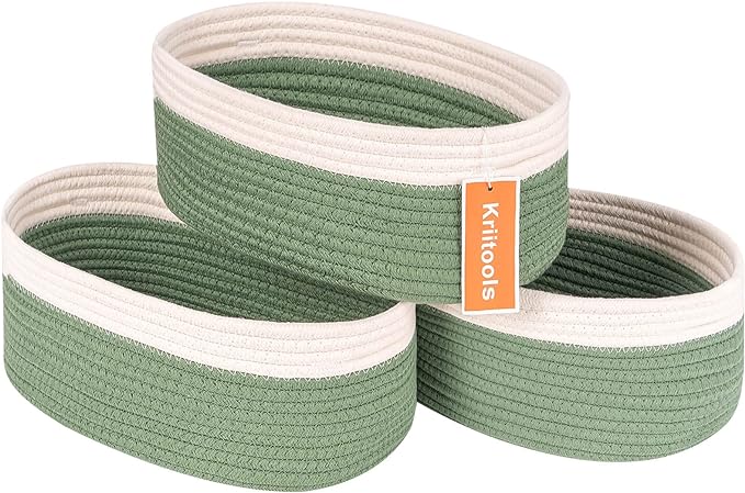 Shelf Storage Baskets for Organizing|Cute Basket for Closet&Blanket Storage|Small Woven Baskets to Store Toys,Books,etc.-13x8.66x5.11’’ Cotton Rope,Stylish,Oval 3 Packs Off White&Green